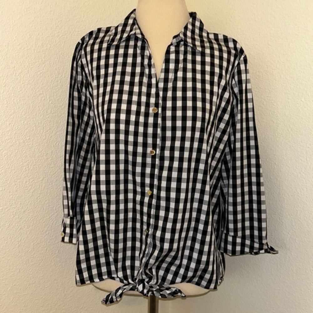 Anne Klein Black White Button Down Collar Shirt Top Tie Waist L Large 10 or 12